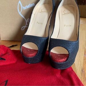 Christian Louboutin Lady Peep Glitter Red Bottom Peep Toe Heels